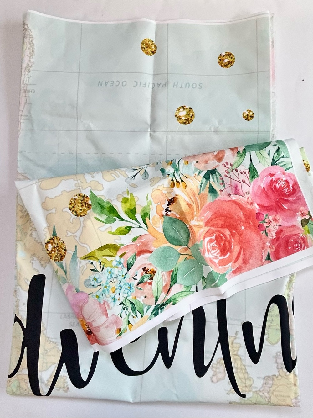 'The Adventure Begins' Floral Map Backdrop - Blue, Pink, Gold